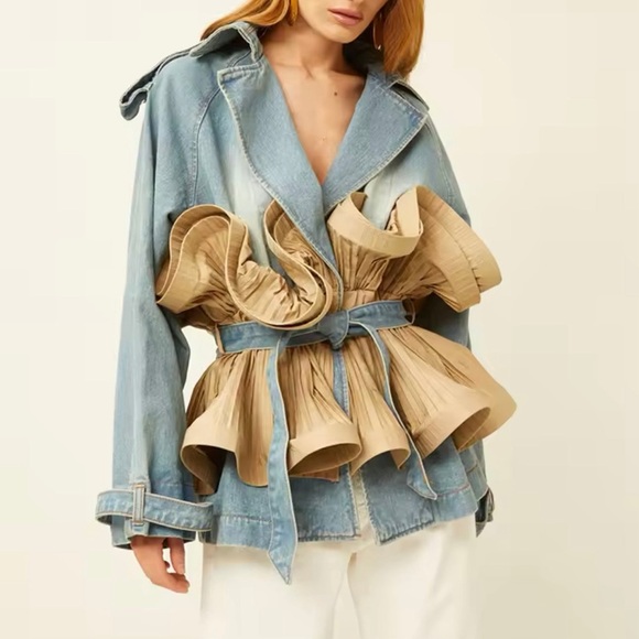 NEW WOMENS DENIM PATCHWORK RUFFLES JACKET MEDIUM - Picture 4 of 11